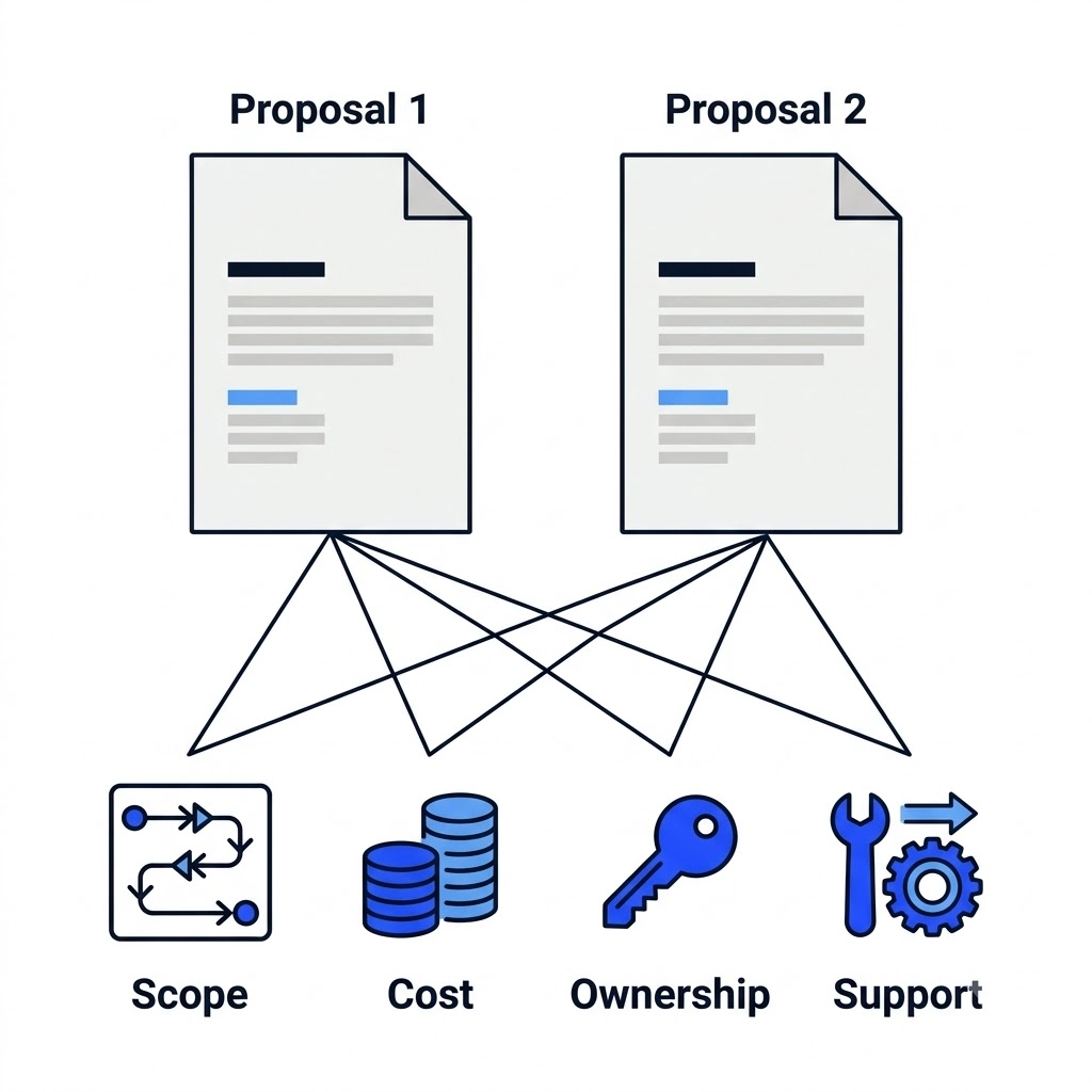 Illustration comparing two consulting proposals against scope, cost, ownership, and support