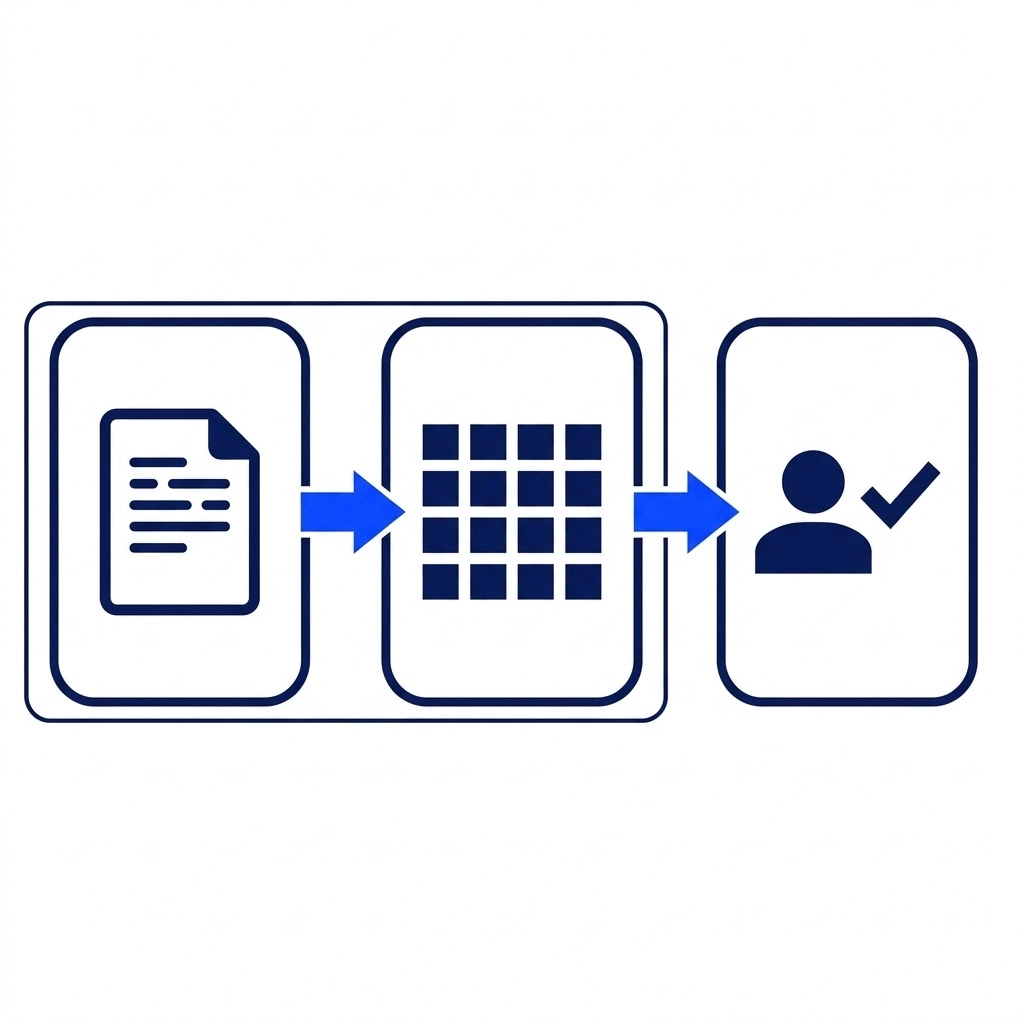 Diagram showing an agent interpreting input, deterministic software applying fixed checks, and a person approving a commitment