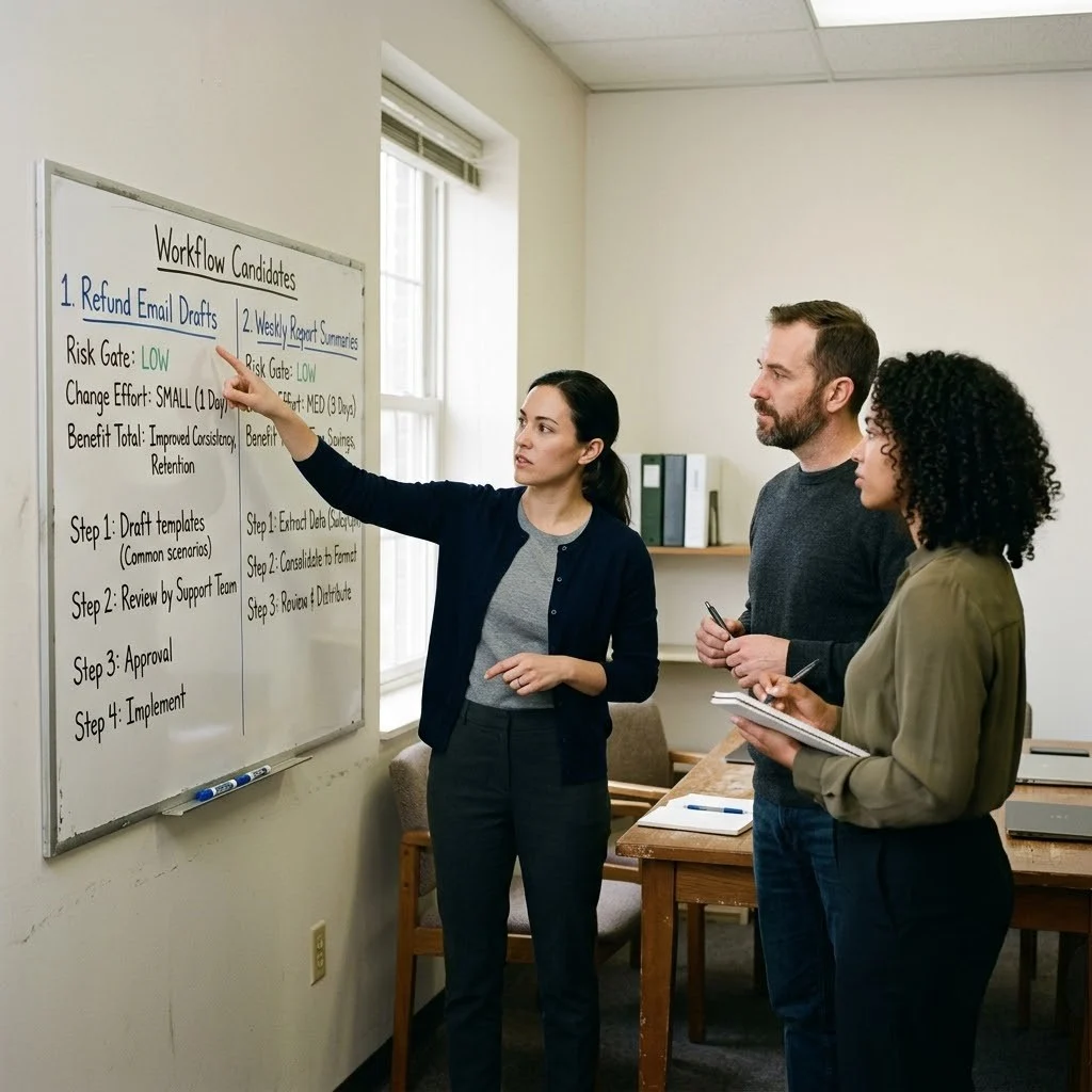 Small-business team reviewing a two-stage workflow scoring table with risk gates and benefit totals