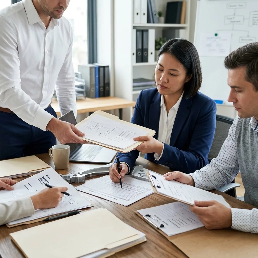 Handoff of a workflow package to an operational owner while a separate reviewer checks approval material