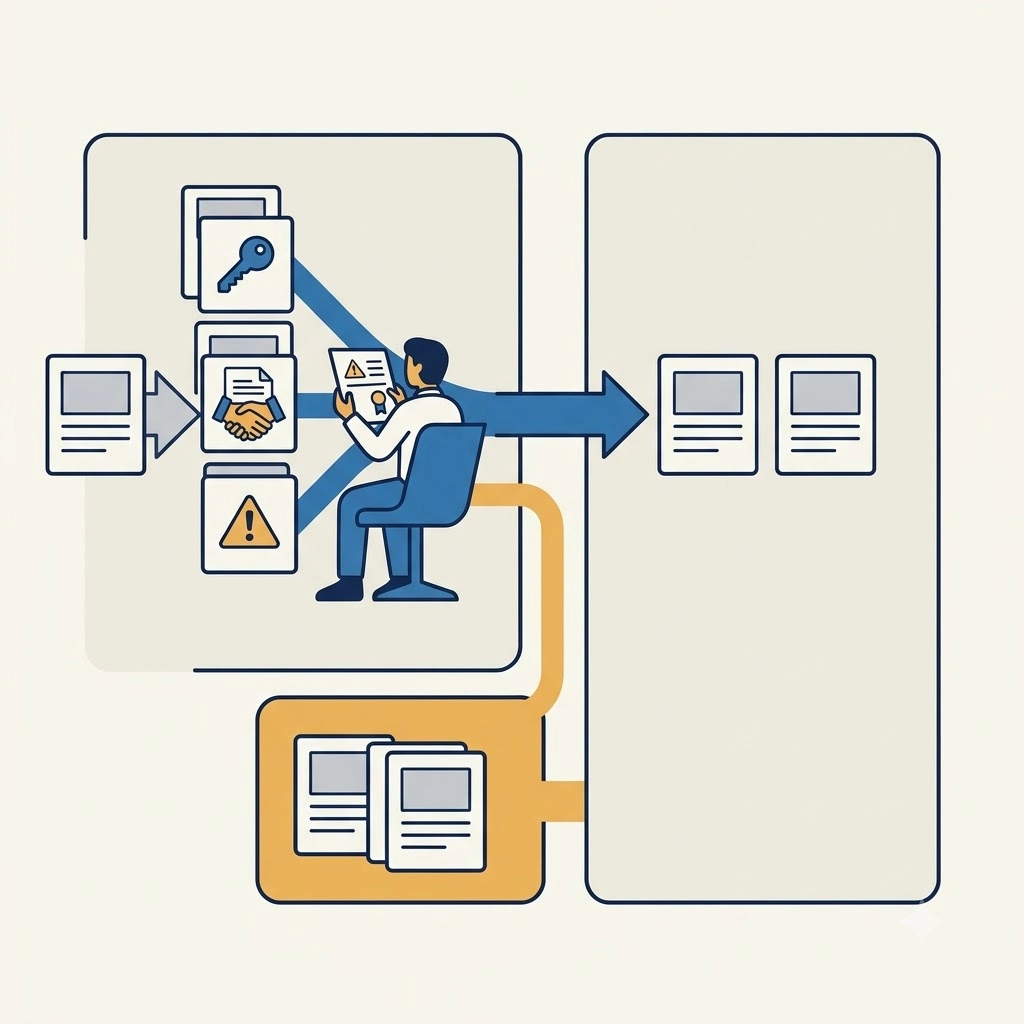 Workflow cards pass an eligibility checkpoint before comparison, while unresolved cards move to a separate holding area