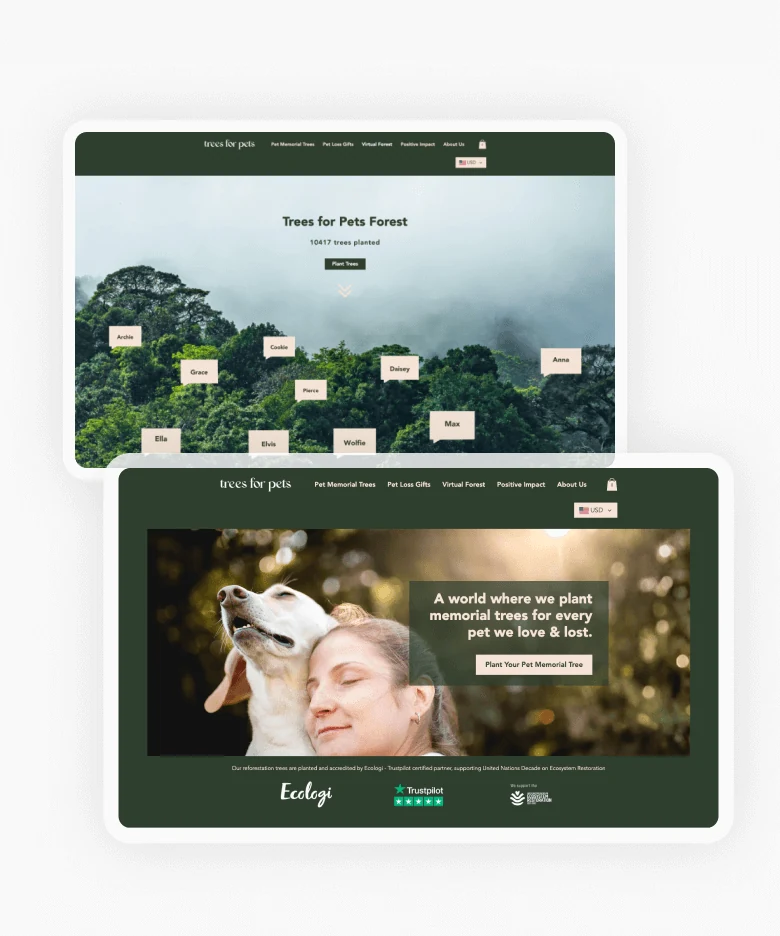 Trees for Pets storefront and Virtual Forest