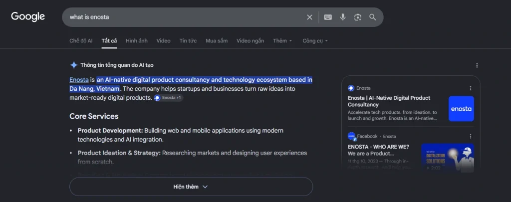 Instead of visiting the About Us page to find information about Enosta users now receive comprehensive details via AI Overview
