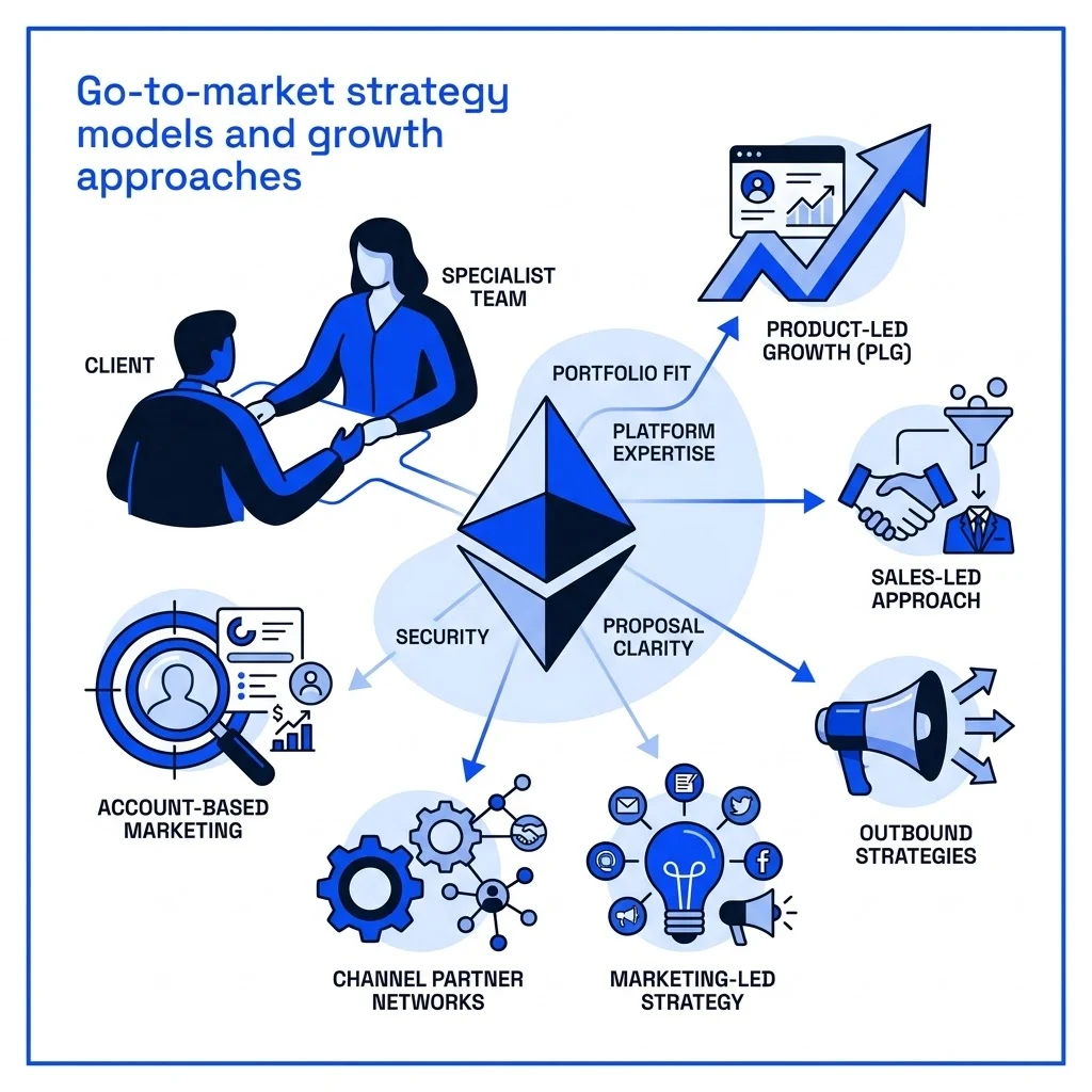 Go to market strategy models and growth approaches shown in a practical work setting